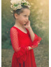 Long Sleeve Red Lace Knee Length Flower Girl Dress